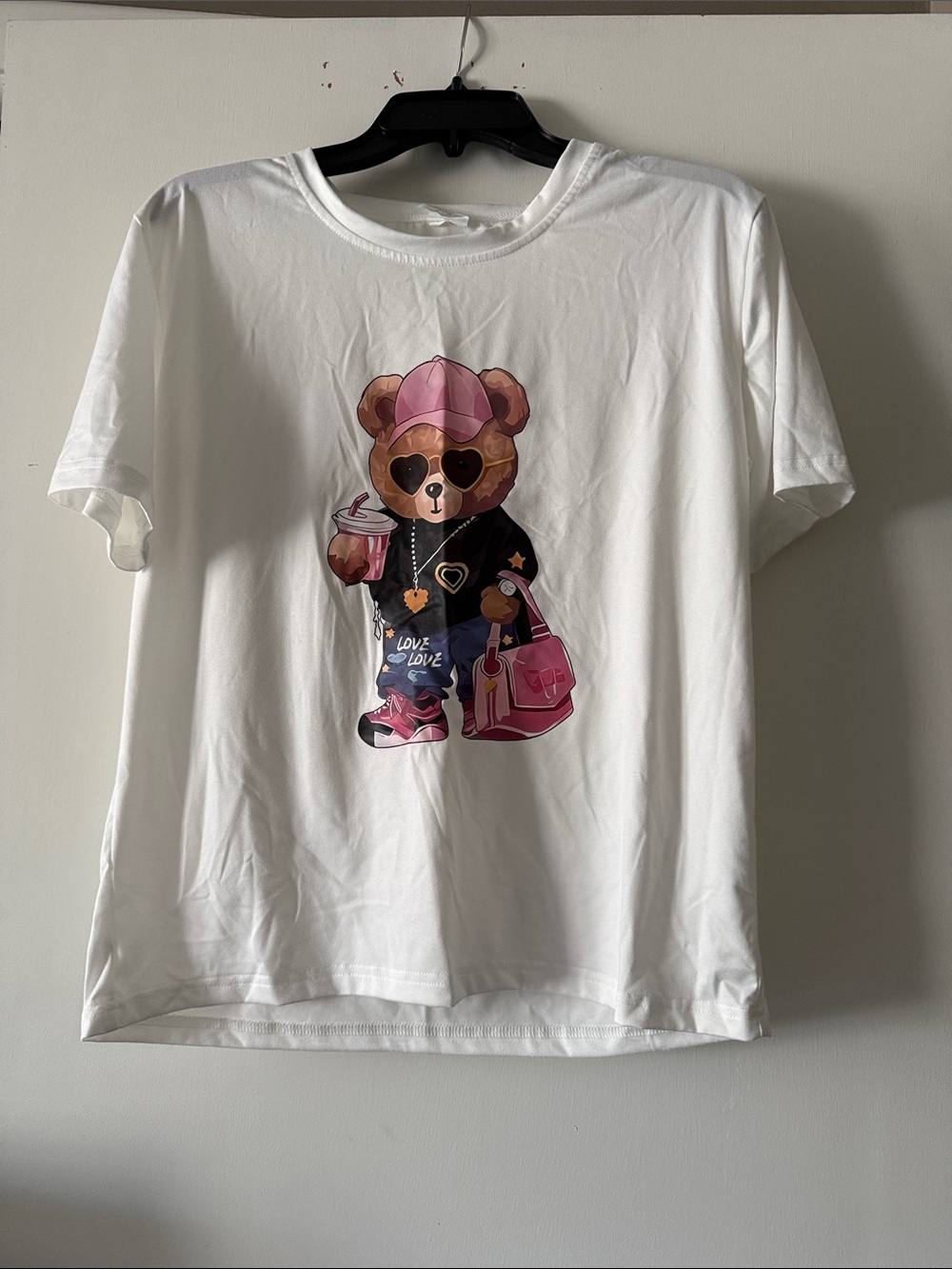 Kids' White Tee with Pink Bear Graphic
